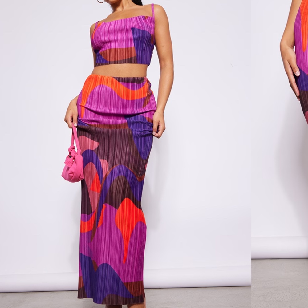 PLT Print Plisse Maxi Skirt Set (Top & Bottom)
